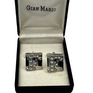 Gian Mario Men's Initial Cufflinks Silver Tone with Rhinestones Initial F